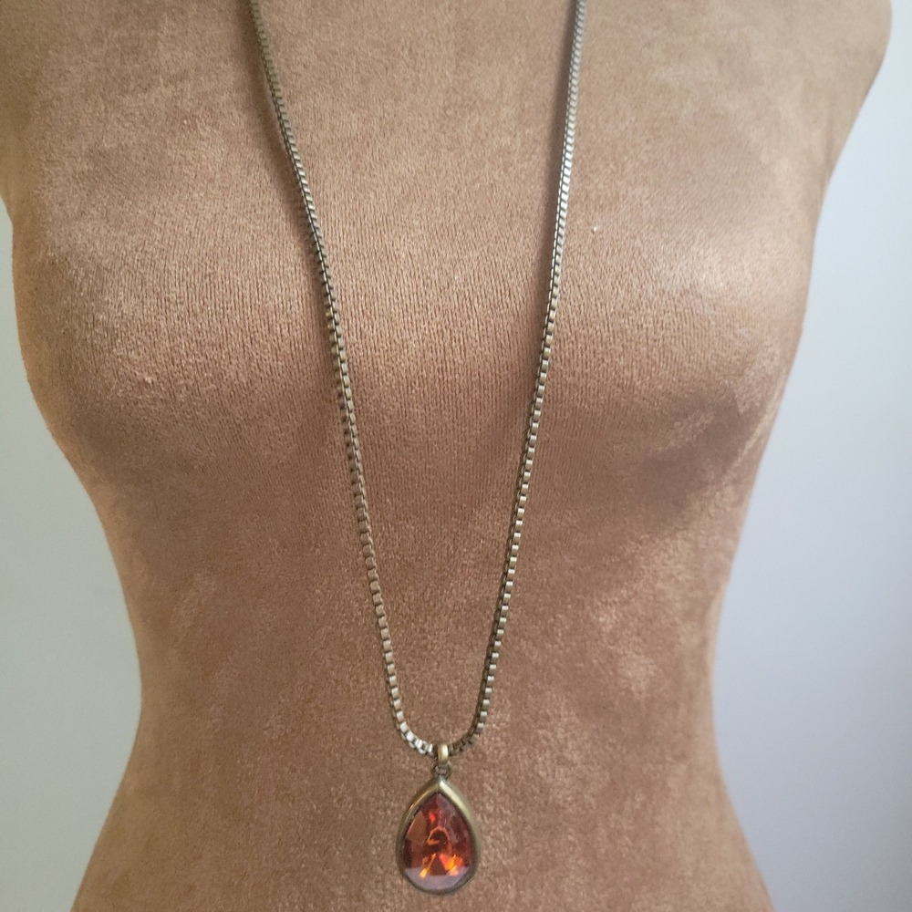 Vintage Style Bronze Amber Teardrop Pendant Box Chain Necklace 30" Whimsigoth